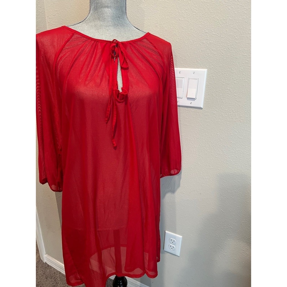 Red Sheer Tie Neck Mini Dress Cover Up Lingerie Top Tunic